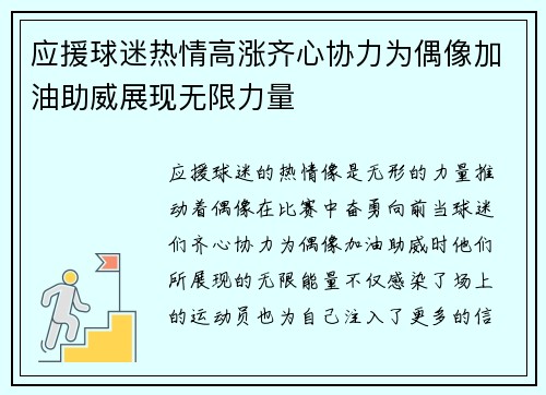 应援球迷热情高涨齐心协力为偶像加油助威展现无限力量