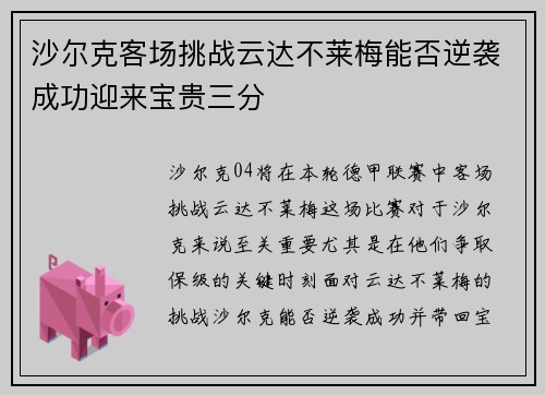 沙尔克客场挑战云达不莱梅能否逆袭成功迎来宝贵三分
