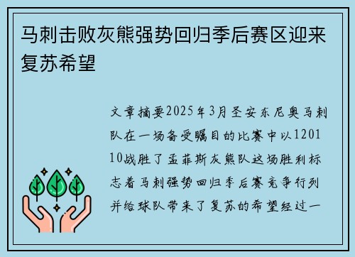 马刺击败灰熊强势回归季后赛区迎来复苏希望